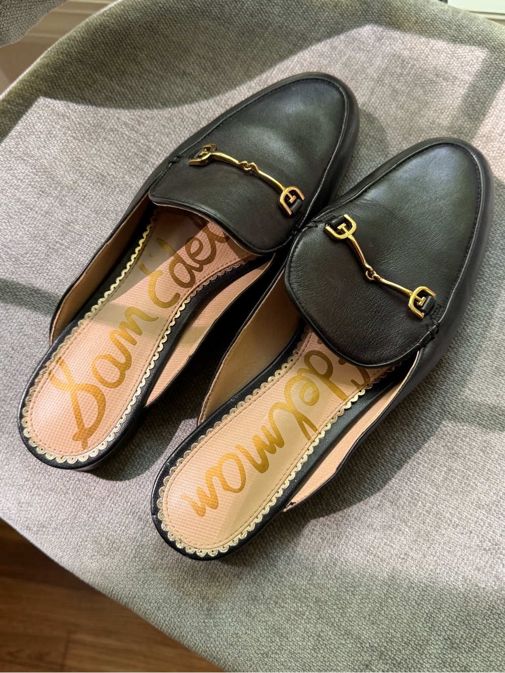 Sam Edelman Black Leather Slide Loafers with Gold Horsebit